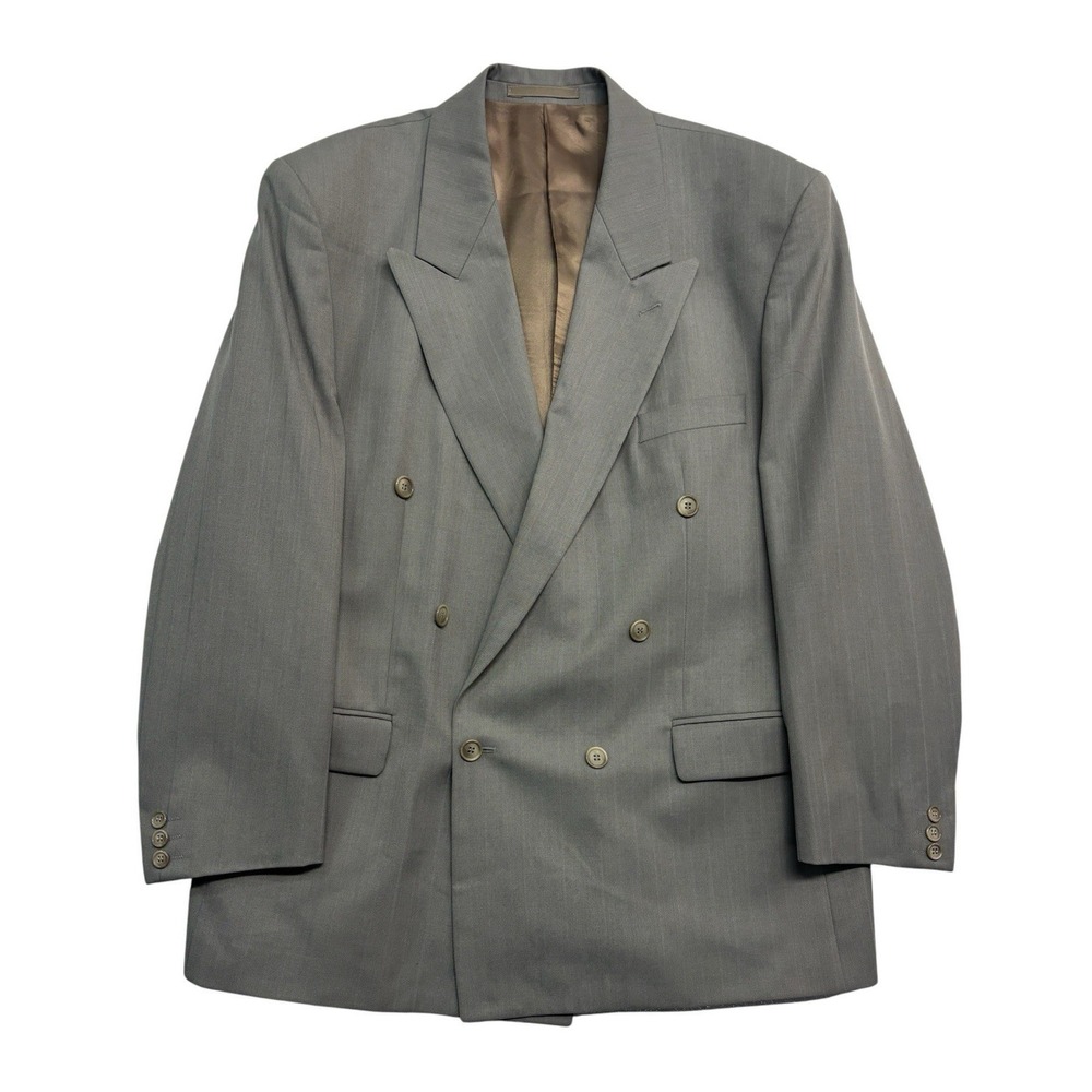 vtg Beige Stripe 46R Double Breasted Blazer Jacket Sport Suit Coat Wool Blend